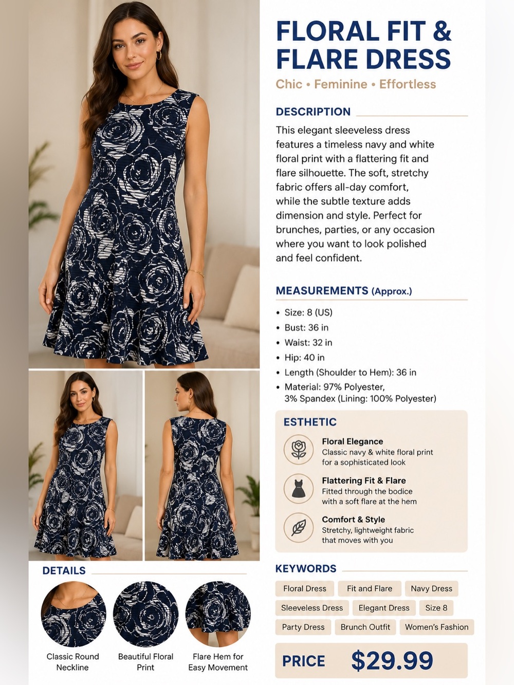 connected apparel Navy & White Floral Midi Dress - Picture 1 of 7